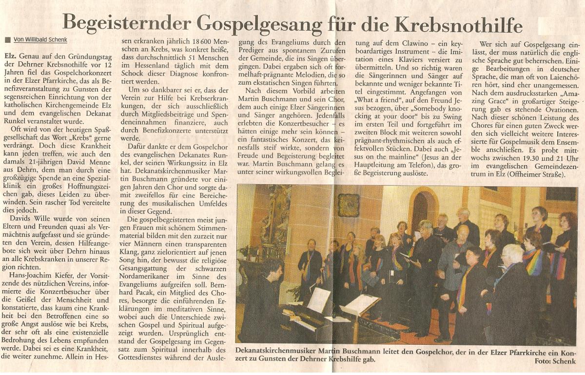 Begeisternder Gospelgesang für die Krebsnothilfe - Nassauische Neue Presse vom 21. November 2007