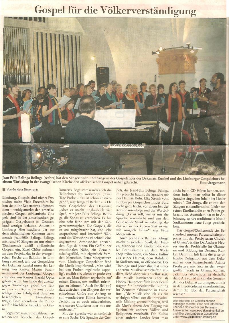 Gospel für die Völkerverständigung - Nassauische Neue Presse vom 2. Mai 2008