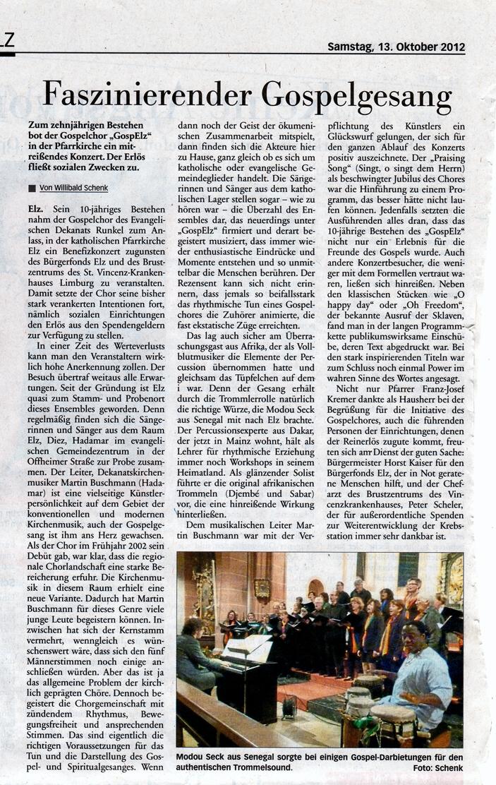 Faszinierender Gospelgesang - Neue Nassauische Presse vom 7. Oktober 2012