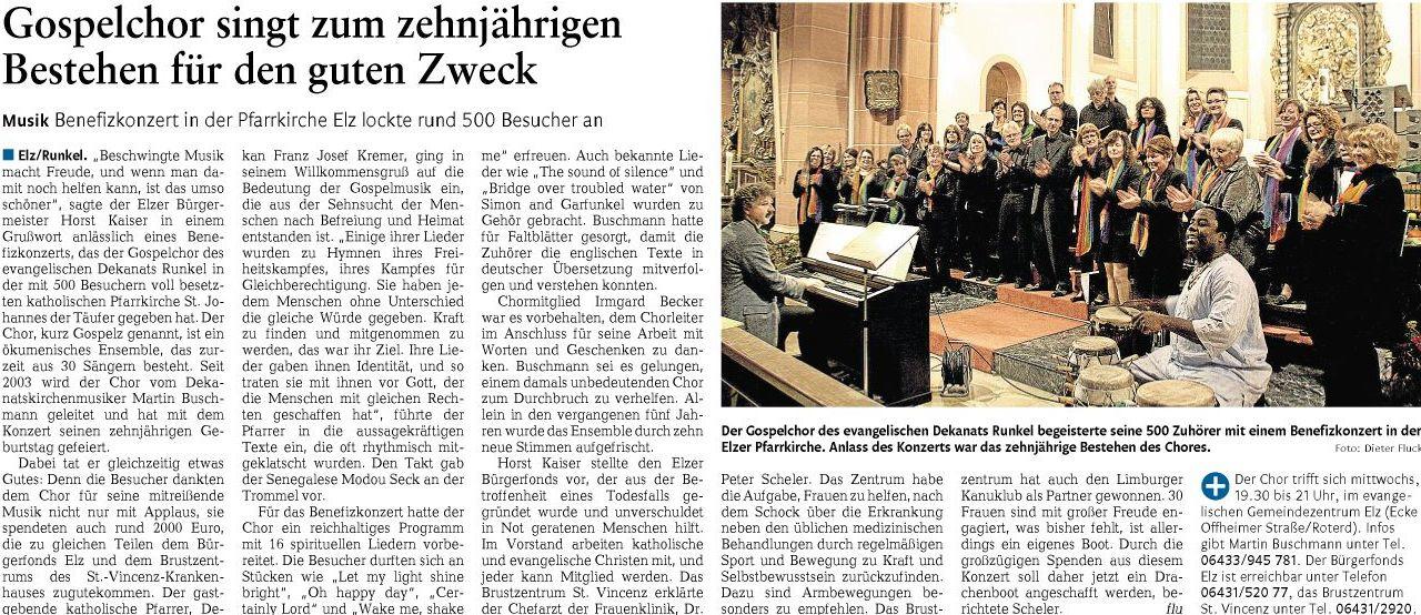 Gospelchor singt zum zehnjährigen Bestehen für den guten Zweck - Rhein-Lahn-Zeitung vom 8. Oktober 2012