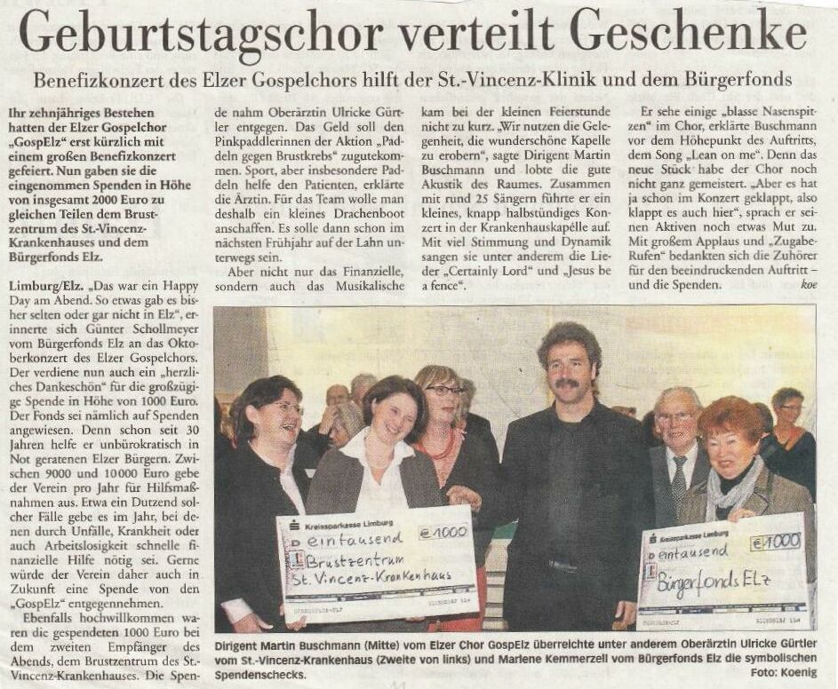 Geburtstagschor verteilt Geschenke - Rhein-Lahn-Zeitung vom 15. November 2012