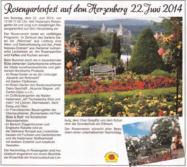 Rosengartenfest auf dem Herzenberg 22. Juni 2014 - Heimatpost vom 12. Juni 2014