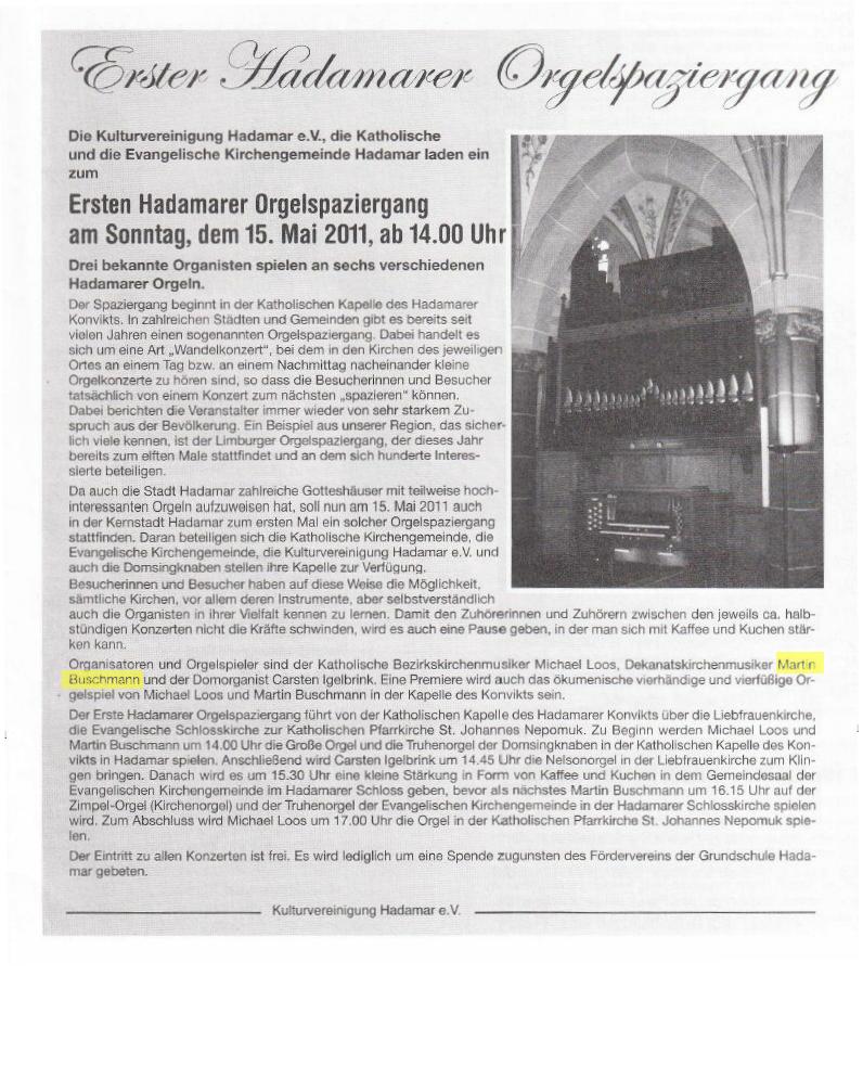 Erster  Hadamarer Orgelspaziergang - Heimatpost vom 5. Mai 2011