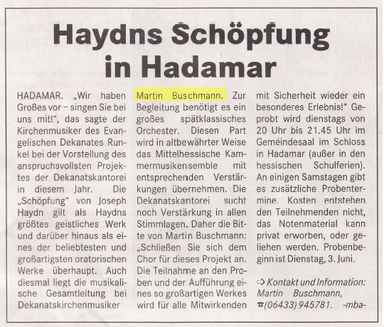 Haydns Schöpfung in Hadamar - Lokal Anzeiger vom 31. Mai 2014